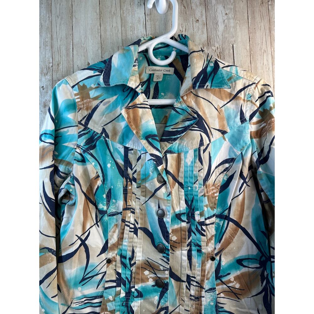 Coldwater Creek Blazer Jacket Womens 6 Turquoise Printed Pleated Front Stretch - Picture 3 of 11